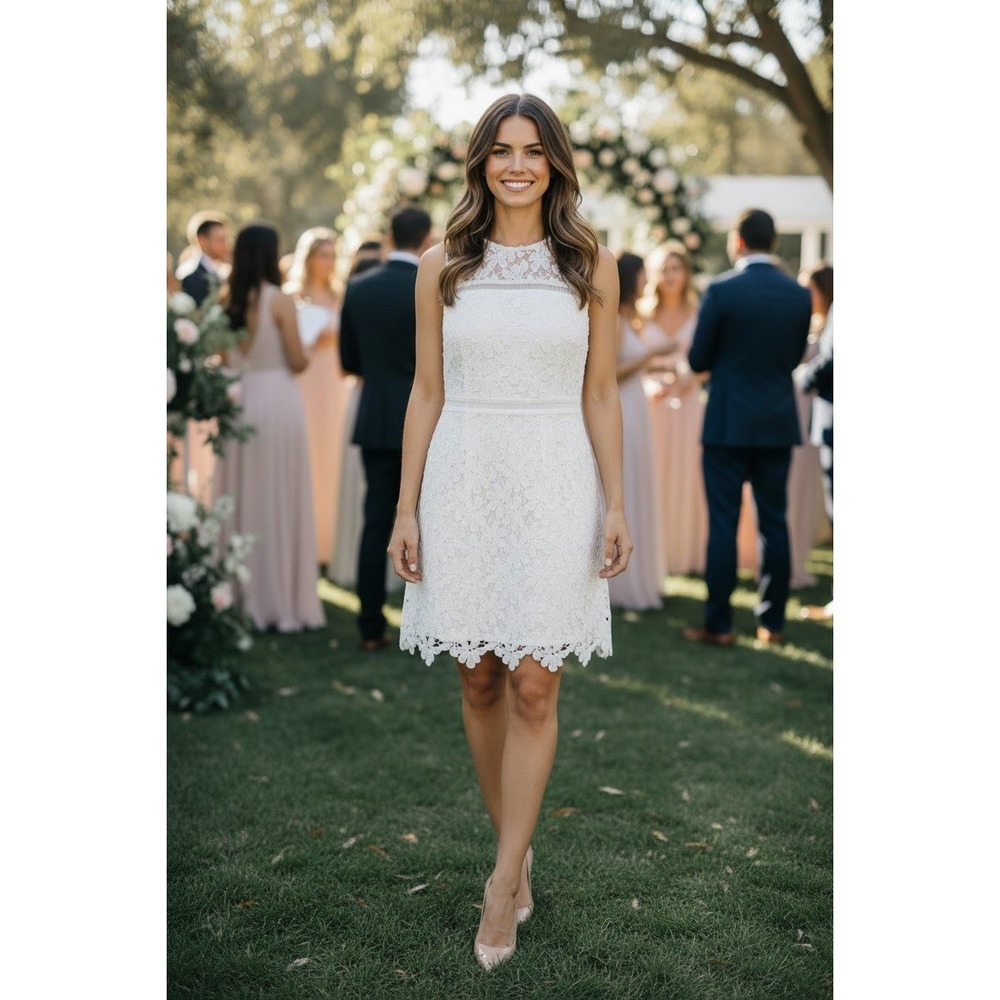 AQUA White Floral Lace Sleeveless Mini Dress Sheath Bridal Shower Small